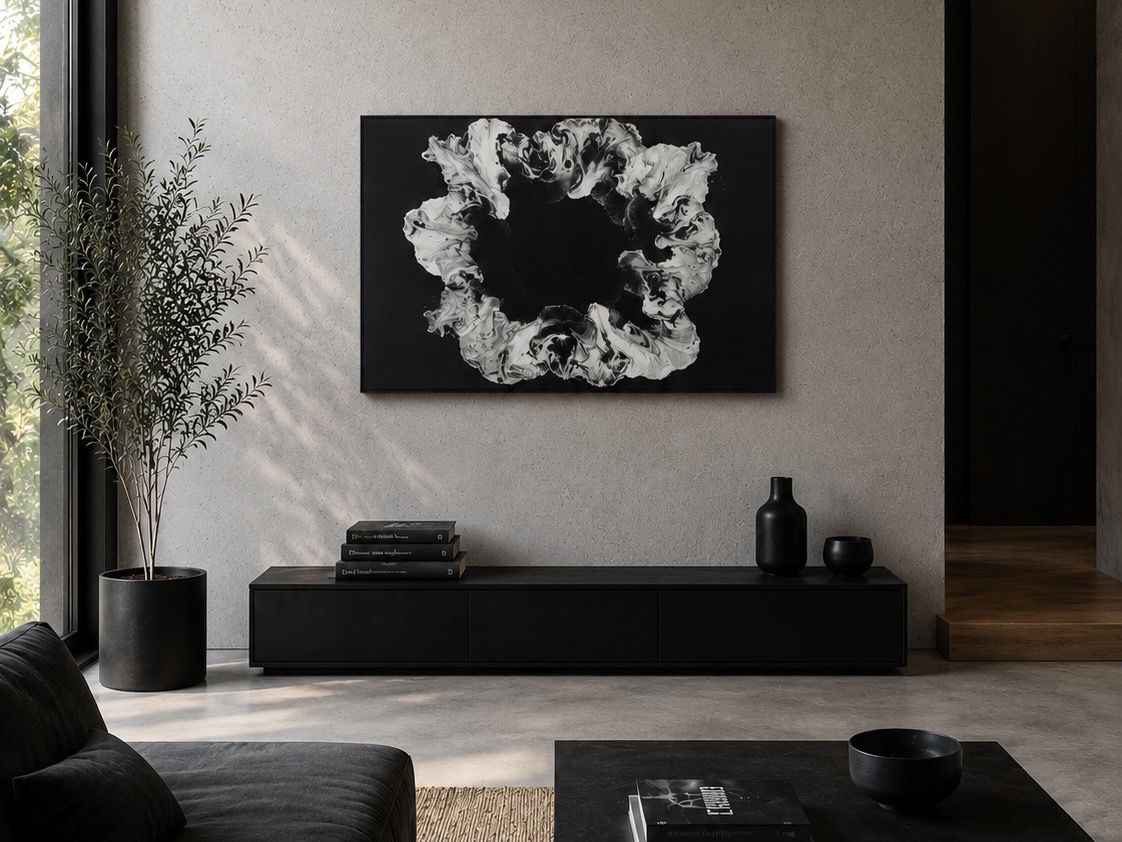 Œuvre abstraite noir et blanc de style fluid art